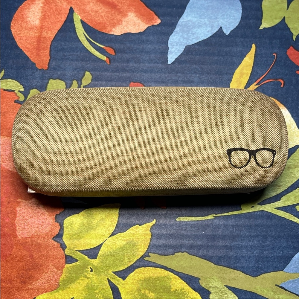 Black Frame +200 lens & Tan Glasses Case with Eyewear Icon